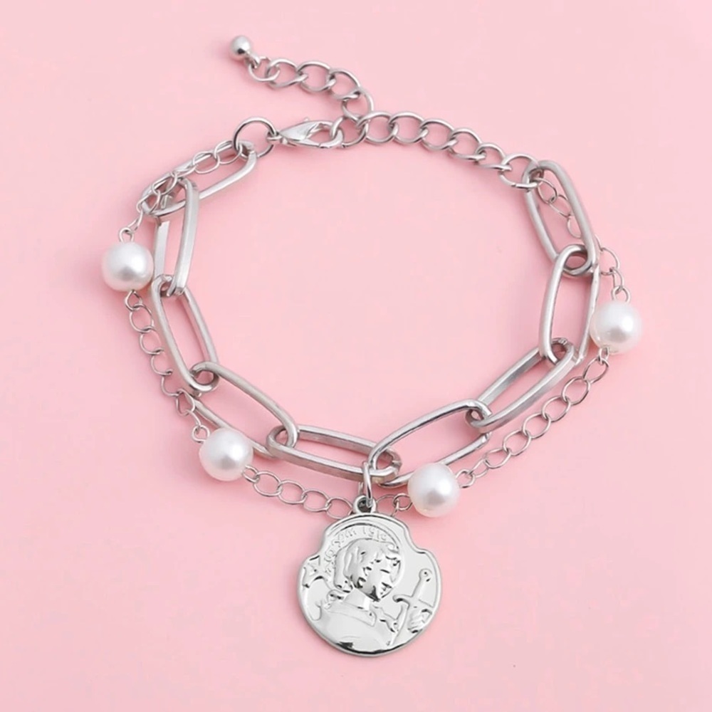 🆕 Emma Silver Toned Boho Chain Bracelet with Faux Pearls and Coin Charm